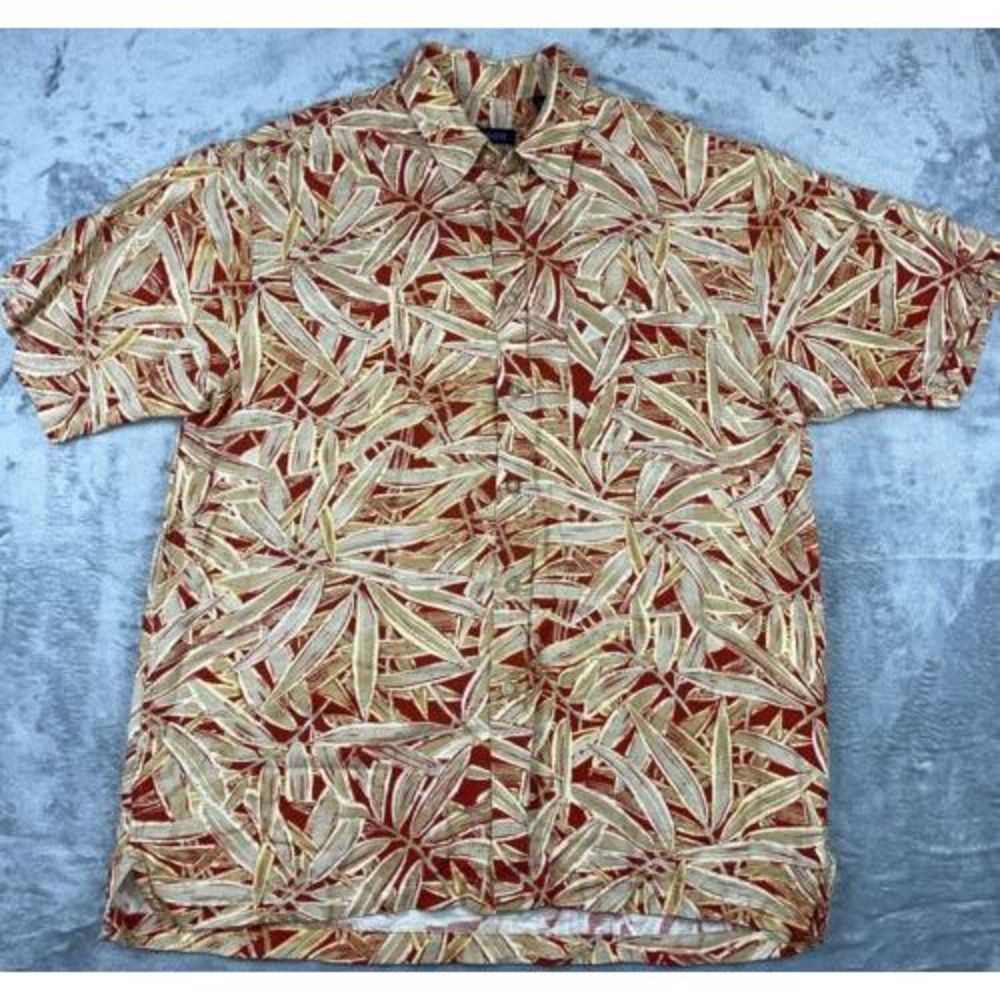 Vintage Izod Hawaiian Button Up Shirt M Floral Linen‎ Blend Red/Tan